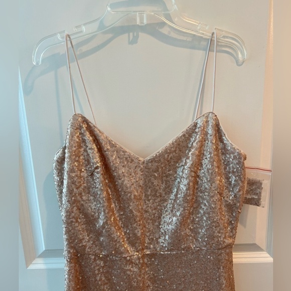 Dessy Collection Spaghetti Strap Flared Skirt Sequin Midi Dress Rose Gold NWOT - Picture 3 of 16